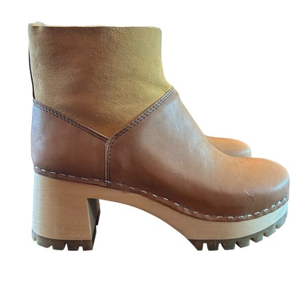 Swedish Hasbeens Shearling-Lined Leather Clog Boots Wood Heel  NEW  EU 37 US 7 - Picture 1 of 9